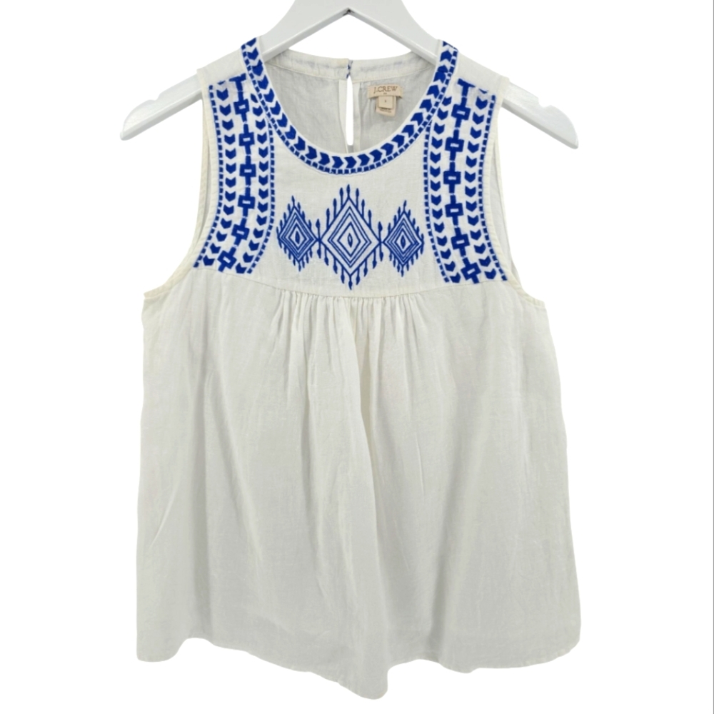 J. Crew 100% Linen Embroidered Tank Size 2 in White & Blue